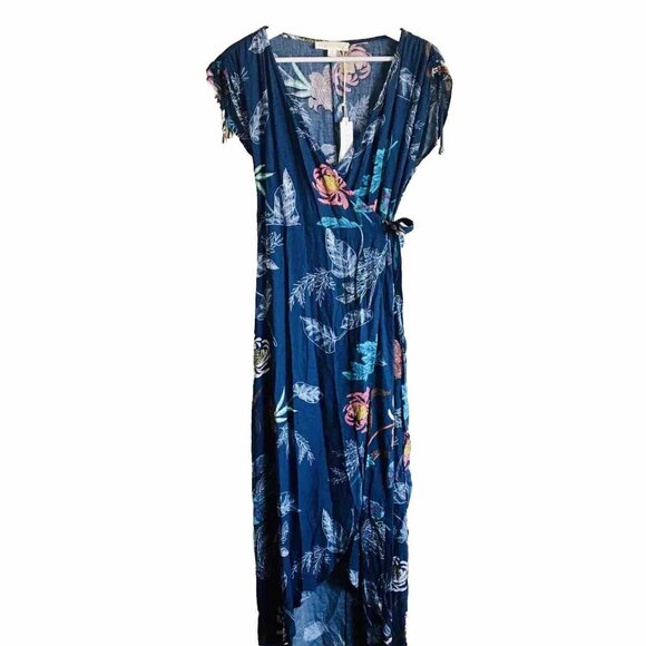 Love Stitch High Low Floral Maxi Dress Faux Wrap Size Small Blue - Picture 1 of 8